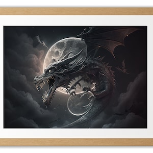 Dragon volant squelettique lune nuages ciel oeuvre téléchargement numérique