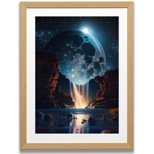 Large Moon Waterfall Rocks Lake Star Sky Portrait Artwork Digital Download