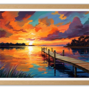 Colorful Sunset Dock Lake Painting Artwork Digital Download