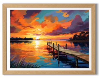 Colorful Sunset Dock Lake Painting Artwork Digital Download