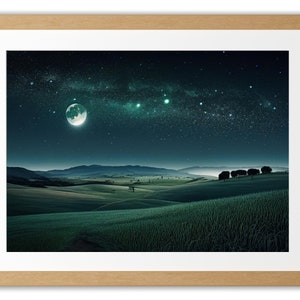 May include: A night sky with a crescent moon and stars over a field of green grass. The Milky Way is visible in the sky.