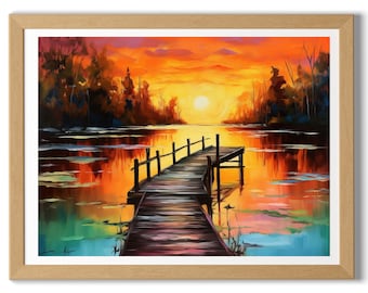 Colorful Sunset Dock Lake Painting Artwork Digital Download
