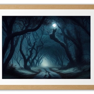 Misty Moon Night Forest Lighted Path Trees Artwork Digital Download