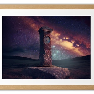 May include: A weathered stone clock tower stands tall against a backdrop of a vibrant, starry night sky. The Milky Way stretches across the sky, with a cluster of bright stars visible in the center of the image.