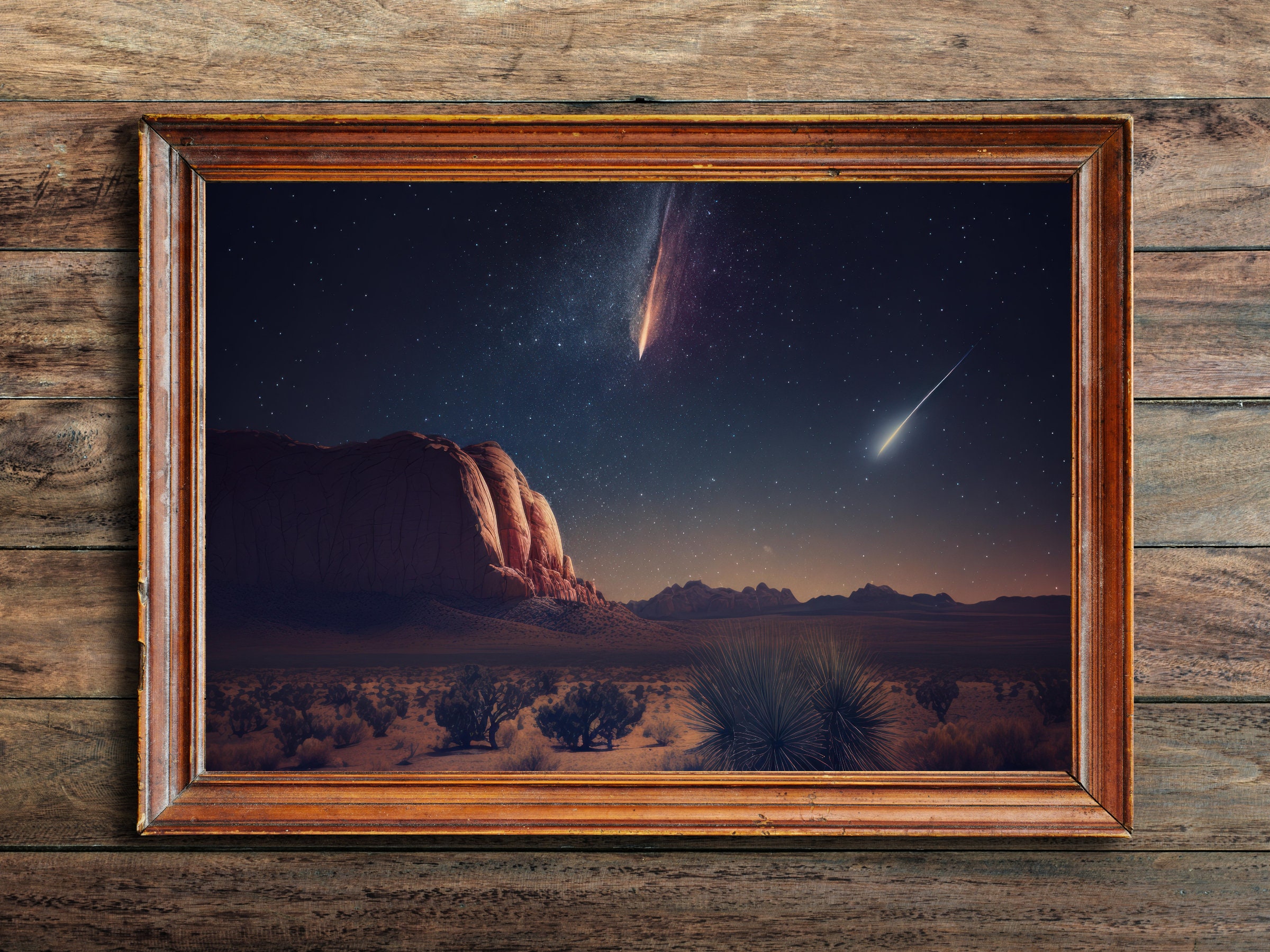 Desert Night Sky Meteor Stars Shooting Star Cactus Artwork Digital ...