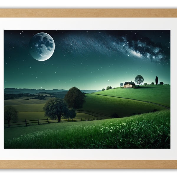 Rolling Fields Night Moon Sky Stars Trees House Hill Artwork Digital Download