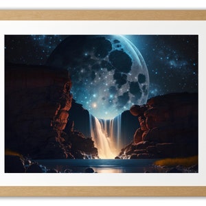 Large Moon Waterfall Rocks Lake Star Sky Landscape Artwork Digital Download