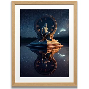 Op de afbeelding: Een bronzen beeld van een persoon die op een wijzerplaat zit, omringd door sterren. De wijzerplaat reflecteert in het water eronder.