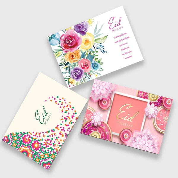 Eid Cards Assorted Pack of 6 | Eid Mubarak Cards w/Message | Greeting Cards for Eid | Bulk Eid Cards| Modern Eid Card | Glossy | 5"x7"