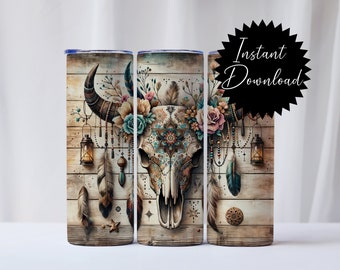 20 Unzen Becher Wrap Boho Boho Kuh Schädel Digitaler Download png