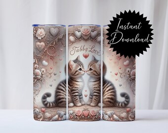 20 Unzen Tumbler Wrap getigerte Kätzchen Katze Liebe Blumen Wasserfarbe Digitaler sofortiger Download png