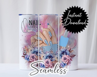 20 Unzen Tumbler Wrap Queen Nagel Tech Life Atemberaubend Blau Maniküre digitaler Download Png Sublimation Clipart floral rosa und blau