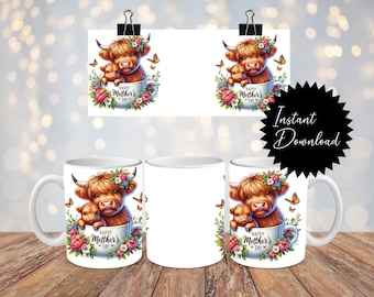 11oz Mug Wrap Highland Kuh Muttertag Frau weibliche Mama Mama Mama Mama Sublimation Design Clipart digitaler Download