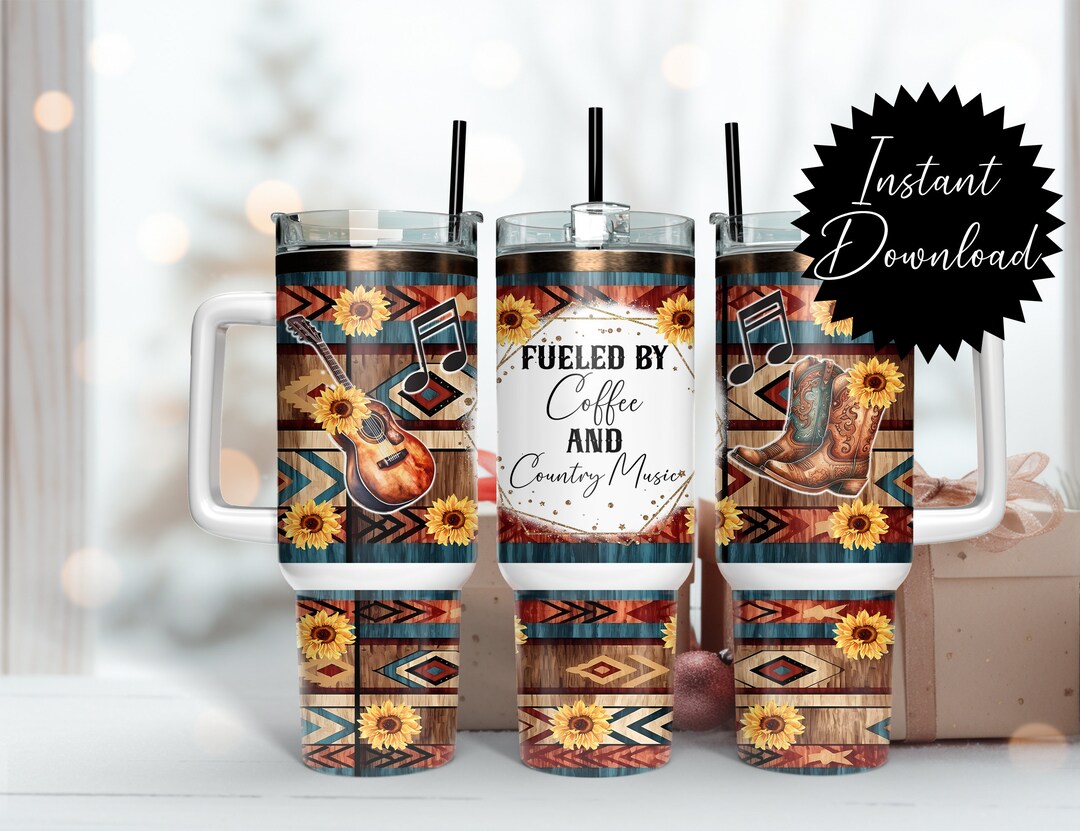 40oz Tumbler Wrap Fueled by Coffee and Country Music Tribal Sunflowers ...