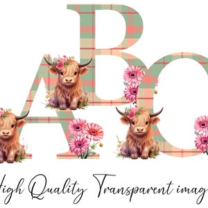 Hooglandkoe print AZ Alfabetlettertype letters en cijfers Tartan geruite monogram tekst, clipart png toevoegen voor sublimatie, kaarten maken, enz