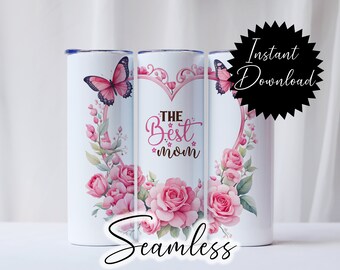 20oz Tumbler Wrap Beste Mama Muttertag Floral Digital Download PNG Sublimation rosa Rosen Schmetterling Clipart