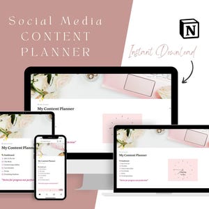 May include: A digital social media content planner with a pink and white floral design. The planner is displayed on a laptop, tablet, and phone screen. The text "My Content Planner" is visible on each screen.