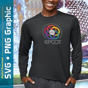 May include: Black long-sleeve shirt with a colorful logo that reads "Experimental Prototype Community of Tomorrow EPCOT".