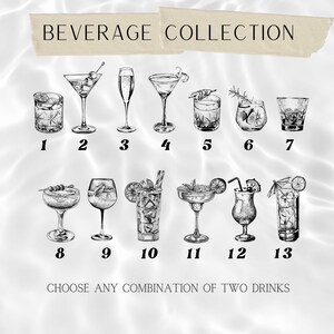 Puede incluir: Ilustraci&oacute;n en blanco y negro de una colecci&oacute;n de bebidas con 13 opciones diferentes de c&oacute;cteles y bebidas. El texto "BEVERAGE COLLECTION" est&aacute; en la parte superior, con el texto "CHOOSE ANY COMBINATION OF TWO DRINKS" en la parte inferior.