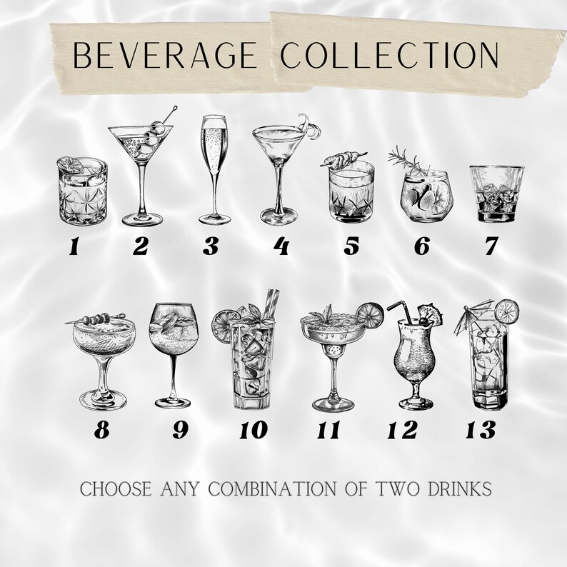Puede incluir: Ilustraci&oacute;n en blanco y negro de una colecci&oacute;n de bebidas con 13 opciones diferentes de c&oacute;cteles y bebidas. El texto "BEVERAGE COLLECTION" est&aacute; en la parte superior, con el texto "CHOOSE ANY COMBINATION OF TWO DRINKS" en la parte inferior.