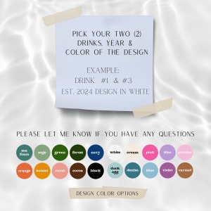Puede incluir: Un papel azul claro con texto, pegado a un fondo blanco. El texto dice: "ELIGE TUS DOS (2) BEBIDAS, A&Ntilde;O Y COLOR DEL DISE&Ntilde;O." Debajo hay un ejemplo: "BEBIDA #1 & #3 EST. 2024 DISE&Ntilde;O EN BLANCO." Opciones de color abajo.