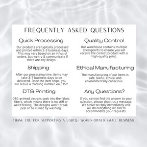 Puede incluir: Texto blanco sobre fondo blanco con el t&iacute;tulo "FREQUENTLY ASKED QUESTIONS". El texto cubre temas como procesamiento, env&iacute;o, impresi&oacute;n DTG, control de calidad, fabricaci&oacute;n &eacute;tica e informaci&oacute;n de contacto. El texto inferior dice "THANK YOU FOR SUPPORTING A LGBTQ+ WOMEN-OWNED SMALL BUSINESS!"