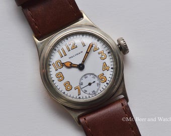 1919 Vintage Waltham Cadet, 14k GF Engine Turned Case Back, Rare Wide Lug, Enamel Dial, WWI Trench Watch, Serviced!