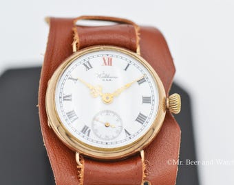 1917 Rare Vintage WWI Waltham Cadet Trench Watch, 14k Engine