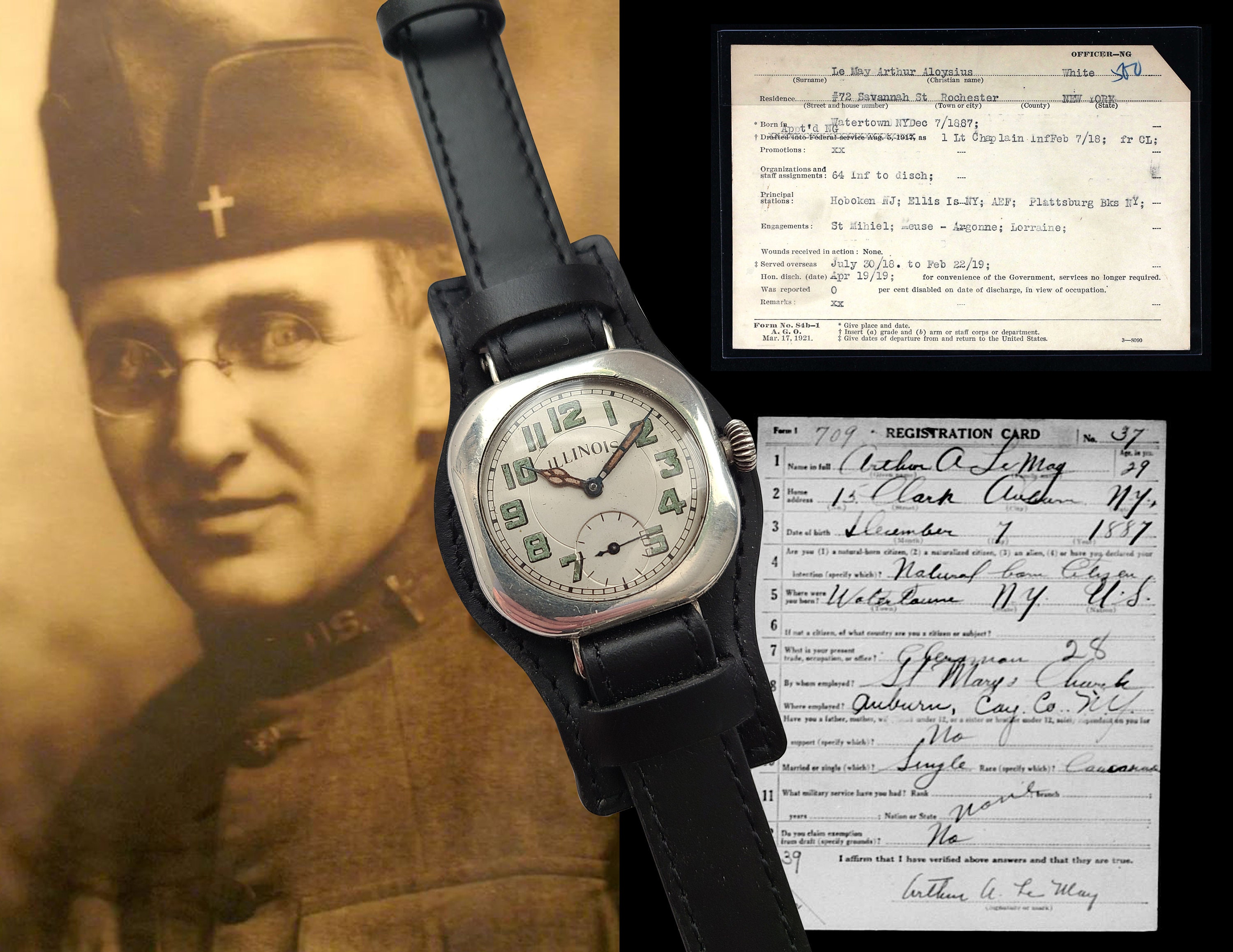 1916 WW1 Admiral Benson Sterling ILLINOIS TRENCH WATCH Chaplain