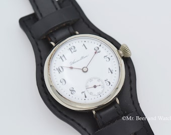 1910 Uitzonderlijk zeldzaam vintage WOI Hamilton-trenchhorloge, 17 juwelen, klasse 983, lage 6k productie, geëmailleerde wijzerplaat, onderhouden!