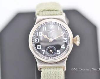 1919 Zeldzaam vintage WOI Elgin-trenchhorloge, sterling Wadsworth-kast, zwarte ster geëmailleerde wijzerplaat, onderhouden!