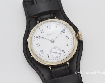 1912 Uitzonderlijk zeldzaam vintage WOI Hamilton-trenchhorloge, 19 juwelen, klasse 985, lage 4k-productie, geëmailleerde wijzerplaat, onderhouden!