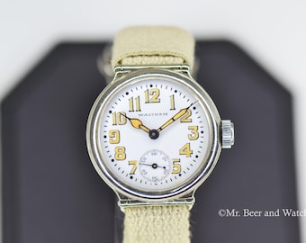 1914 Zeldzame vintage draaibare lug WOI Waltham Trench Watch, Philadelphia-kast, geëmailleerde wijzerplaat, onderhouden!