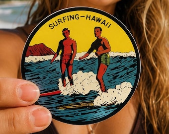 Hawaii Surfing Vintage 50's Reproduction Sticker! Waterproof!