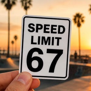 May include: A white rectangular sticker with a black border displays the text "SPEED LIMIT" above the number "67". The sticker is held in front of a blurred background of palm trees, a skate park, and a sunset.