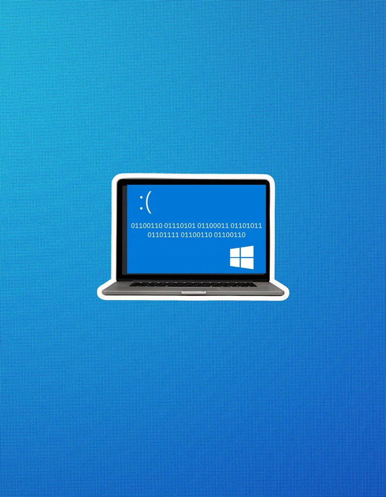 Peut inclure: Un &eacute;cran d'ordinateur portable bleu affiche un message d'erreur d'&eacute;cran bleu de la mort avec le texte ":( 01100110 01110101 01100011 01110101 01110111 01101111 01100110 01100110 01110011 01110100 01110010" et le logo Windows.