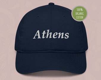 Atenas, Gorra de béisbol orgánica, gorra griega, gorra de béisbol, bordado, amante griego, regalo para un griego, griego de moda, griego elegante, ecológico