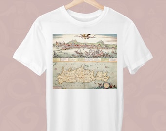 May include: A white t-shirt with a vintage map of Crete, Greece printed on the front. The map shows the island's coastline, cities, and surrounding waters. The text "MARIS MEDITERRANEI PARS" is visible at the bottom of the map.