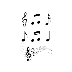 May include: Black and white musical notes and a treble clef on a white background.