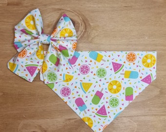 White Fruit and Ice Cream Dog Bandana | Sailor Bow | Flower Bow | Bowtie | Dog Accessories