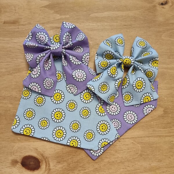 Happy Smiley Daisy Dog Bandana | Sailor Bow | Flower Bow | Bowtie | Dog Accessories