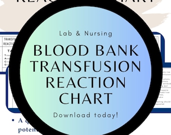 Blood Bank Transfusion Reaction Chart- Cheat Sheet - rn, mlt, mls, mt laboratory professional, pocket or notebook, quick reference guide