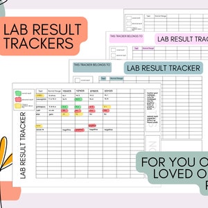 May include: A set of Lab Result Tracker printable sheets featuring a grid layout for recording medical test names, normal ranges, and dates. The forms include sections for notes and color-coded status indicators for normal, abnormal, and pending results.