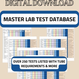 Op de afbeelding: Een digitale download van een master-laboratoriumtestdatabase met meer dan 250 tests. De database bevat buisvereisten en meer. Een uitgebreide referentie voor nieuwe flebotomisten of ervaren laboratoriumtechnici.