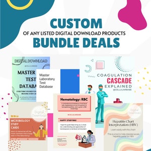 Puede incluir: Un gráfico colorido que promociona paquetes personalizados de productos digitales descargables para profesionales de la salud. El gráfico presenta imágenes de varios productos relacionados con la medicina, incluyendo una base de datos de pruebas de laboratorio, un diagrama de la cascada de coagulación explicada, una guía de hematología, un conjunto de tarjetas de estudio de microbiología y una guía de interpretación de la hepatitis. El texto "OFERTAS DE PAQUETES PERSONALIZADOS" se muestra en letras grandes y negritas en la parte superior del gráfico.