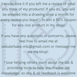 Op de afbeelding: Een blauwe en witte afbeelding met de tekst "LEAVE A REVIEW!" en instructies over hoe je een recensie kunt achterlaten voor 50% korting op een product. De tekst bevat ook het e-mailadres "cellularbabe.mls@gmail.com".