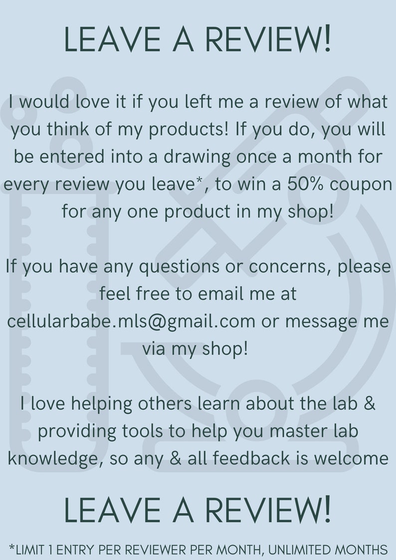 Op de afbeelding: Een blauwe en witte afbeelding met de tekst "LEAVE A REVIEW!" en instructies over hoe je een recensie kunt achterlaten voor 50% korting op een product. De tekst bevat ook het e-mailadres "cellularbabe.mls@gmail.com".