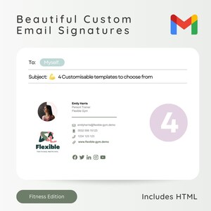 May include: A white and pink email signature template with a pink circle containing the number 4. The template includes a logo, contact information, and social media icons. The text "Fitness Edition" and "Includes HTML" are at the bottom of the template.