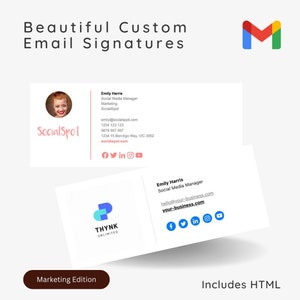 Puede incluir: Dos ejemplos de firmas de correo electrónico personalizadas con un tema de marketing. La primera firma presenta una foto de una mujer, el texto "SocialSpot" y los iconos de redes sociales. La segunda firma presenta un logotipo con el texto "THYNK UNLIMITED" y los iconos de redes sociales.
