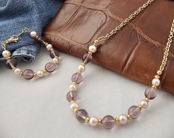 Amethyst Pearl Birthstone Set, Amethyst Pearl Beaded Necklace, Amethyst Pearl Birthstone Gold Bracelet, February Birthstone Set